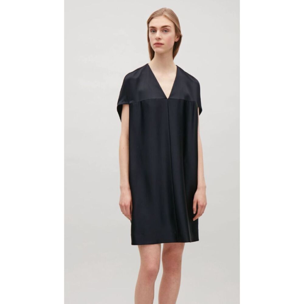 COS Midnight Navy Blue Modern Batwing Oversized Satin Shift Mini Dress Size 4